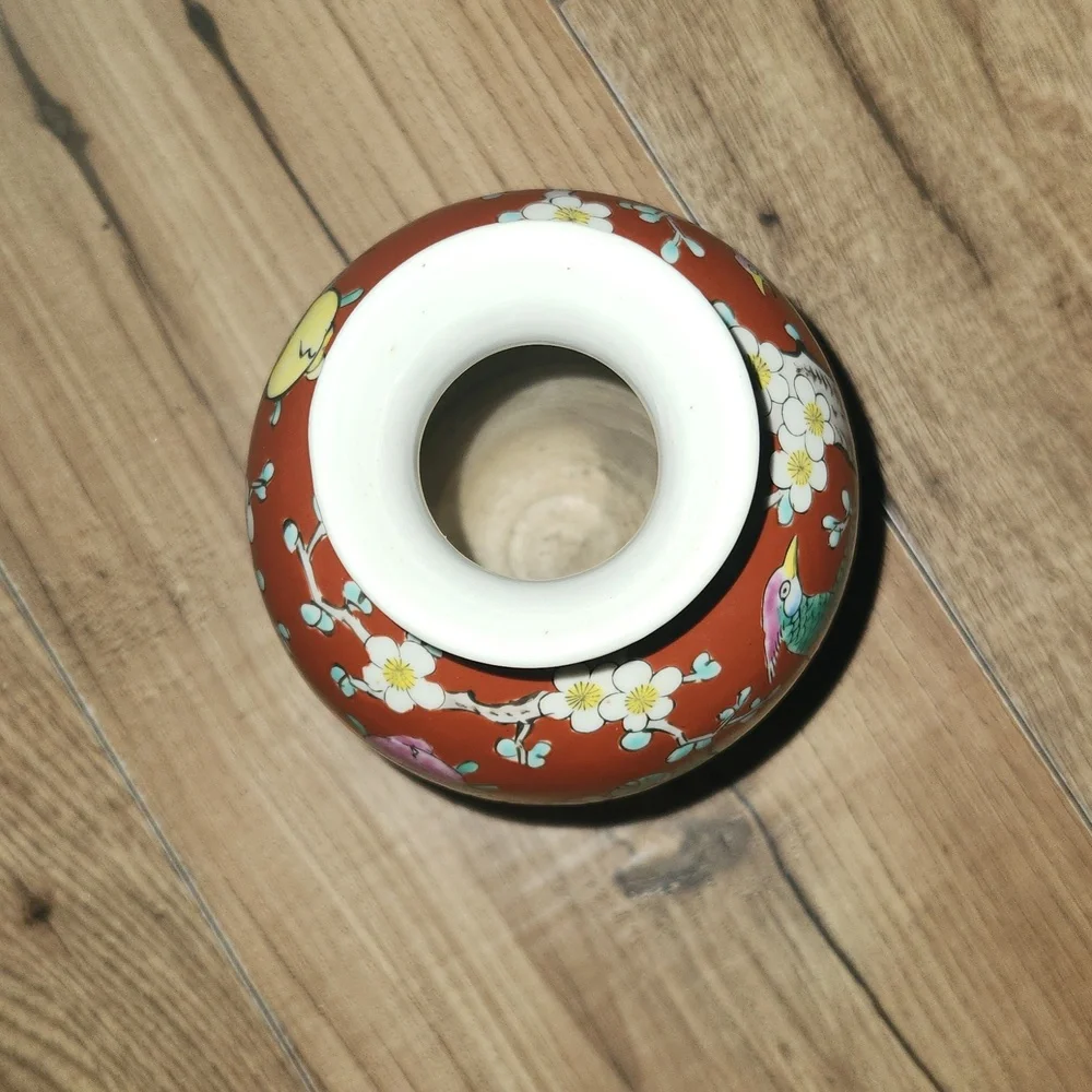 Colorful Hand Painted Porcelain Vase with Birds of Paradise and Floral Design
